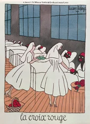 Röda korssjuksköterskor som tar hand om sårade soldater under första världskriget, ca 1915 (färg litho)