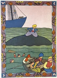 Ön - valen av Sinbad (Sindbad) sjömannen - i "Tusen och en natt" av Lucien Laforge (1889-1952)