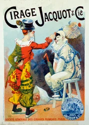 Reklam för Jacquot polish. Två clowner som gör upp med lack. Teckning av Lucien Lefevre (1850-?). 1894 Paris. Arts Decoratifs - Annons för vax Jacquot: Två clowner som sminkar sig med skokräm, av Lucien Lefevre