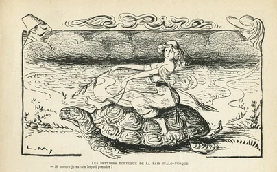 Illustration i Le Rire, 05/10/12 - Fredens slingrande stigar Italo turkiska - Krig, Turkiet, Italien, Fred - Sköldpadda - Animering, Allegori (gravyr)