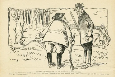 Illustration i Le Rire, 05/12/08 - Jakt i Rambouillet - Naturvegetation, Jaktjägare, republikens president, Rambouillet - Clemenceau Georges, Fallieres Armand (1841-1931), Rådjur