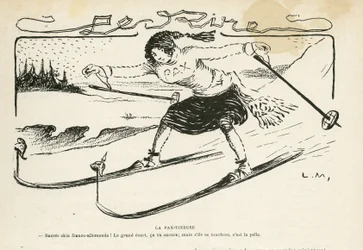 Illustration i Le Rire, 24/02/12 - La pax-tineuse - Tyskland Preussen, Sport, Fred, Skidor, Snö, Franska-tyska relationer, Första världskriget - Marianne - Sport, Allegorie (gravyr)