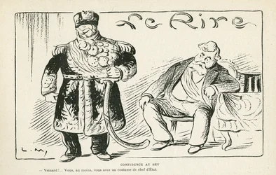 Illustration i Le Rire, 27/07/12 - Confidence au bey - Kolonisering - Fallieres Armand (1813-1941), Naceur Bey (Mohamed el-Naceur Bey) (1855-1922) (gravyr)