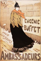 Vintageaffisch av den franska sångerskan Eugenie Buffet som går i snön