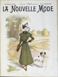 Kvinna i jaktdräkt med ett gevär - i "" La Nouvelle Mode"" från september 1898