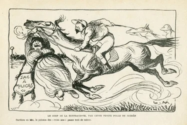 illustration i Le Rire, 28/06/13 Suffragettens slag, av denna lilla galning från Jaures (gravyr)