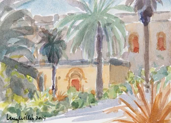 The Benedictine Abbey, Abu Ghosh, Isreal, 2019 (w/c på papper)