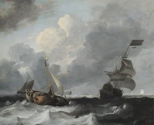 En storm utanför kusten med Men o War och fiskebåtar