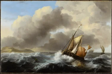Fiskefartyg till havs i ett tungt hav, 1864