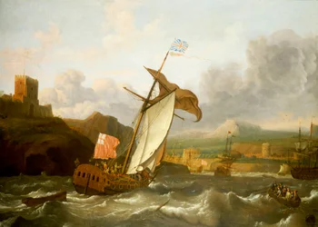 En engelsk yacht som seglar in i Plymouth, sent 1600-tal (olja på duk)