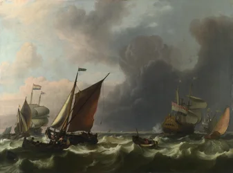 Holländska krigsmän och små fartyg i en frisk bris utanför Enkhuizen, 1683