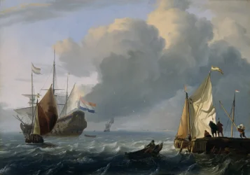 Holländsk fregatt och andra fartyg utanför kusten, ca 1690 (olja på ekpanel)