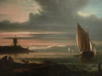 Tyska: Havsstrand med segelbåtar och väderkvarn Bulwarket "Het Blauwhoofd" i Amsterdam
 Detalj