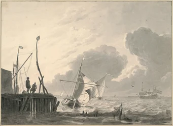 Hamn på havet i samlande åskväder