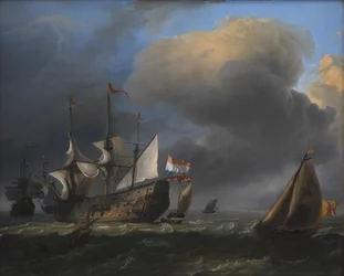 Havslandskap med holländska krigsmän och fiskebåtar