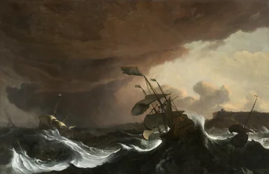 Skepp i ett stormigt hav utanför en kust, cirka 1700-1705 (olja på duk)