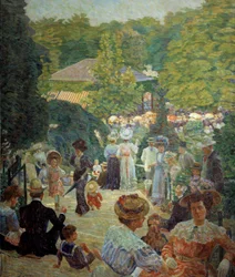 Parc Montsouris från kiosken har musik år 1900. Målning av Ludovic Vallee (1864 - 1939)