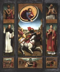 Paulus omvändelse med helgonen Vincent Ferrer, Stefanus, Johannes Döparen och Hieronymus (olja på pannå)