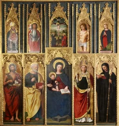 Altartavla, 10 målningar: Jungfru Maria med barnet mellan Johannes Döparen och Petrus, En biskop och en abbot, Kristus på korset mellan Johannes och Jungfrun, Sankt Martin och Sankt Viktor, Sankt Sebastian och Sankt Margareta.