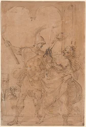 Alexander och Thaïs tänder eld på Persepolis, troligen ca 1592 (penna och tusch)