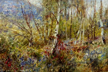 Woodland, av Ludovico Cavaleri (1867-1942), olja på panel, 50x75 cm