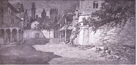 En öppen plats i anslutning till Capulets trädgård, illustration från Romeo och Julia,