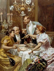 Vacker tid: "" den fina kvällsmaten""" Två par i en privat lounge dricker champagne. Illustration av Ludovico Marchetti (1853-1909) 1893 Privat samling