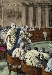 Ciceron fördömer konspiratören Catilina (Lucius Sergius Catilina) (108-62 f.Kr.) den 7 november 63 f.Kr. under den första catilinarens tal. Scenen utspelar sig i Rom i senaten, illustration av Pogliaghi