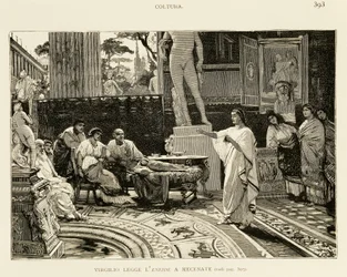 Maecenas lyssnar på Virgil som läser Aeneid, illustration av Lodovico Pogliaghi (1857-1950) för Roms tidiga historia, av Francesco Bertolini (1836-1909), Fratelli Treves upplaga, Milano
