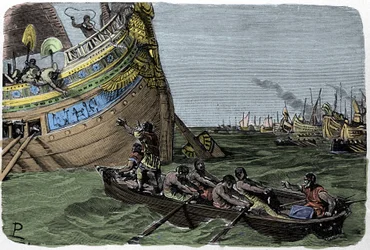 Marc Antoine (83-30 f.Kr.) sällar sig till Cleopatre (51-30 f.Kr.) på flykt efter nederlaget i slaget vid Actium den 2/09/31 f.Kr., illustration av Ludovico Pogliaghi från "Storia d
