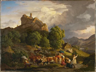 Betesmark med hjordar och en slottsruin (målning)