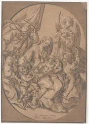 Den heliga familjen med det lilla barnet Johannes i en oval, ca 1623