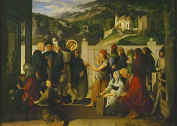 Sankt Rochus delar ut allmosor Olja i (målning på duk)