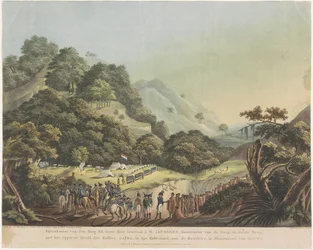 Möte mellan generalguvernör Janssens och xhosa-ledaren Gaika, 1803. Möte mellan den högt ärade general J.W. Janssens, guvernör över Godahoppsudden, och xhosa-folkets högste hövding, Gaïka, i xhosa-land vid Katri