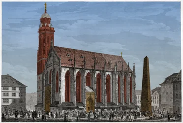St. Maria kapell i Würzburg, framför Marche Square och obelisken, Tyskland. ca 1850 (gravyr)
