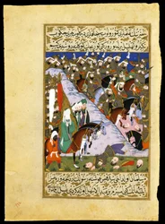 ""Slaget vid Uhud (Ohod): "" profeten Muhammeds (eller Muhammeds eller Muhammeds) armé (570-632) mot Quraychiternas mekanska klan"" Miniatyr hämtad från ""Siyer-i Nebi"" (Siyer i Nebi) episk dikt om profeten Muhammeds liv skriven av Mustafa, fi