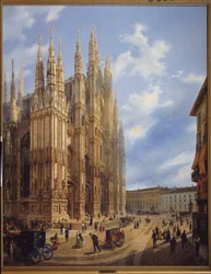 Katedralen (Duomo) i Milano (Italien). Målning av Luigi Premazzi (1814-1891), olja på duk