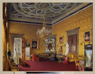 Lyonshallen (den gula ritsalen) i Tsarkoje Selos stora palats (Ryssland). Verk av Luigi Premazzi (1814-1891), akvarell på papper