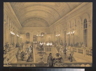 Trappan till den kejserliga teatern Bolchoi Kammeny, i Sankt Petersburg. Konstverk av Luigi Premazzi (1814-1891), akvarell och vitt på papper, cirka 1850. Italiensk konst