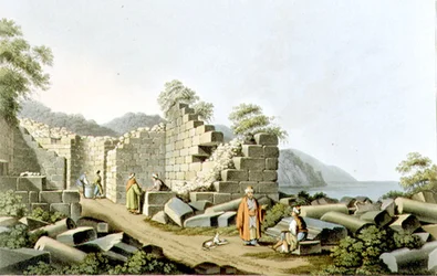 Ruinerna av ett forntida tempel på Samos, skylt 58 från "Views in the Ottoman Dominions", pub. av R. Bowyer