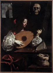Lutspelare. Målning (Vanite) av Luigi Miradori (1600-talet)
