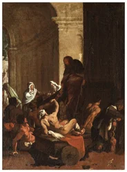 North Transept, San Roccos altare 1635, 45, Genovesino 1645, Distribution av varor till de fattiga, Målad nedre vänster