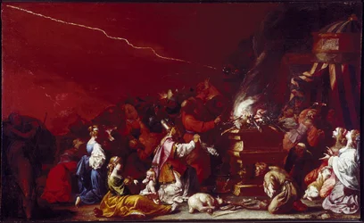Offerscen. Bibliska gestalter samlas kring ett altare. Ett lamm ligger vid altarets fot. Målning av Luigi Miradori, kallad Il Genovesino (ca. 1608-1655), 1600-talet, Parma, Galleria Nazionale