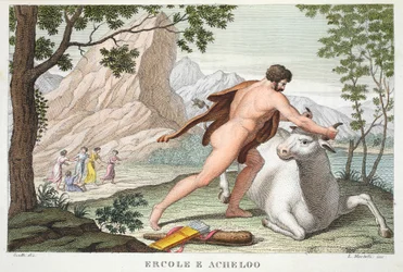 Hercules and Achelous eller Ercole e Acheloo, bok IX, illustration från Ovidius