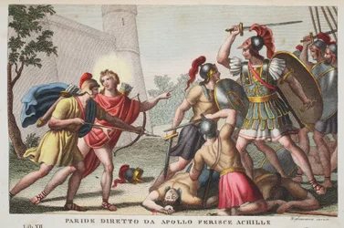 Paris dödar Akilles eller Paris, vägledd av Apollon, sårar Akilles, bok XIII, illustration ur Ovidius Metamorfoser, Florens, 1832