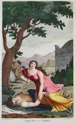 Pyramus och Thisbe eller Piramo e Tisbe, bok IV, illustration ur Ovidius Metamorfoser, Florens, 1832