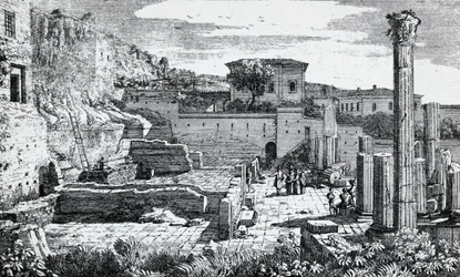 Ruinerna av Vespasianustemplet i Brescia, gravyr av Louis Basiletti (1780-1860), Italien