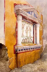 Lararium till familjealtaret, sett in situ efter utgrävningen, Aulus Vettius hus, Pompeji, ca 36-39 e.Kr., 1895