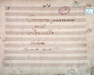 Första sidan signerad av författaren till partituren till Concerto för cello och orkester i Es, av Luigi Boccherini