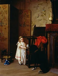 Frukost för två, av Luigi Crosio (1835-1915), olja på panel, 42x32 cm